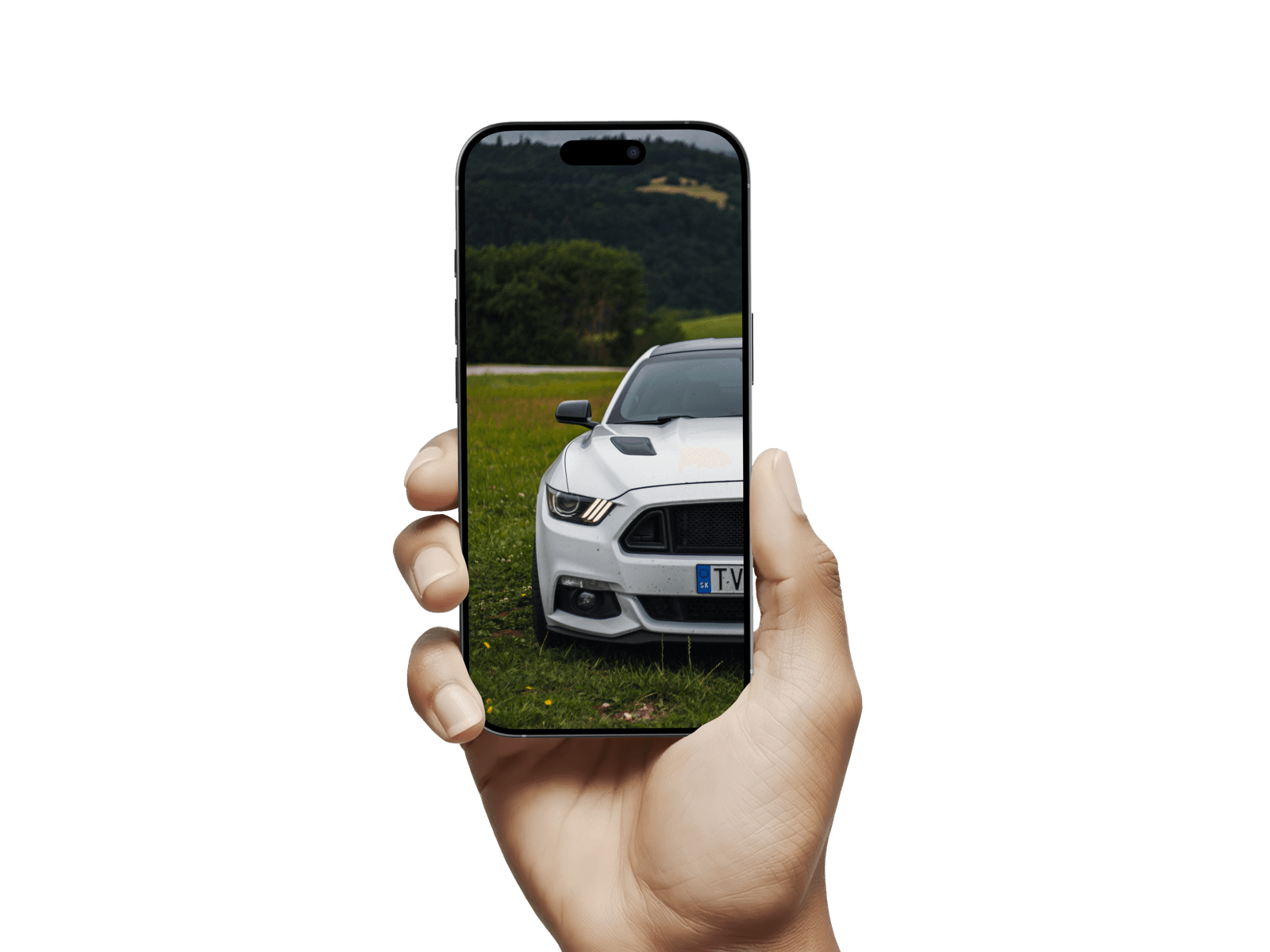 A hand holding a phone running a Bright Inspect vehicle inspection