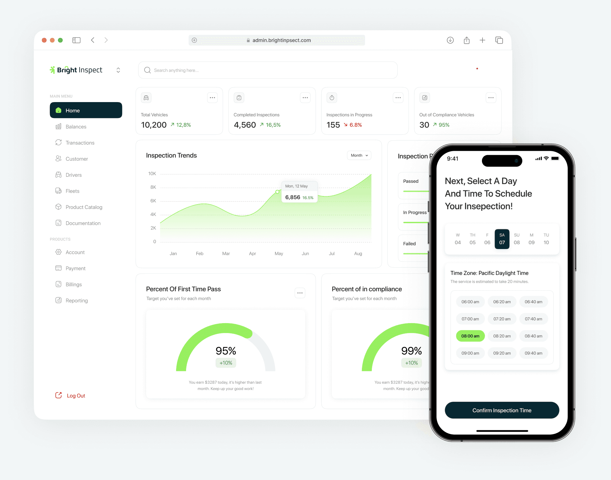 Bright Inspect admin dashboard showing inspection trends and results, alongside the driver app scheduling screen